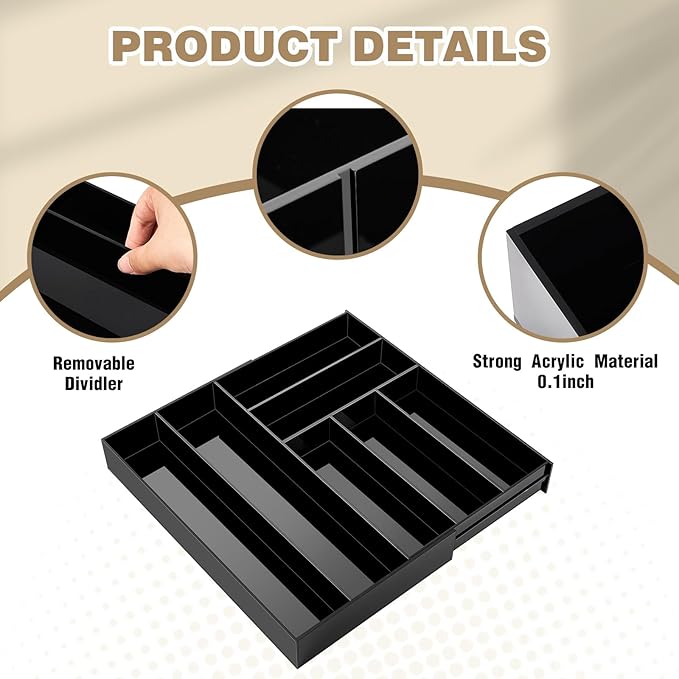 1 Pcs Acrylic Desk Drawer Organizer 9'' up to 18'' x 15'' x 2.1'' Expandable Drawer Organizer Trays with 7 Adjustable Compartments Black Desk Accessories for Makeup Office Bathroom