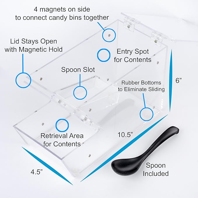Candy Bin Topping Dispenser - Acrylic Bulk Sprinkle Container w/Scoop, Stackable & Magnetic for Multiple Holders on Shelf - Commercial Setting for Cereal, Nuts, Candies & Snack Food Storage