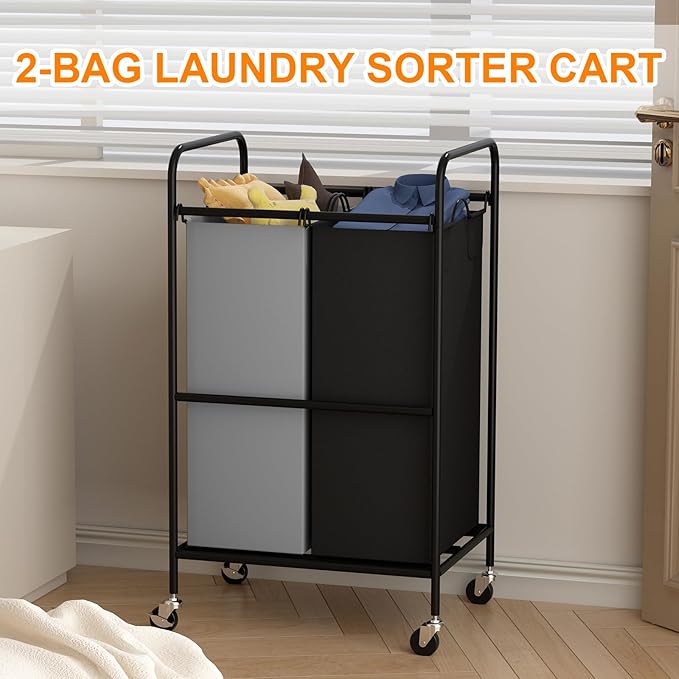 Heavy Duty Rolling Laundry Sorter Cart, 2 Removable 40L Polyester Bags, Lockable Wheels, 50×40×83cm, Space-Saving Organizer for Laundry Room Bathroom Home