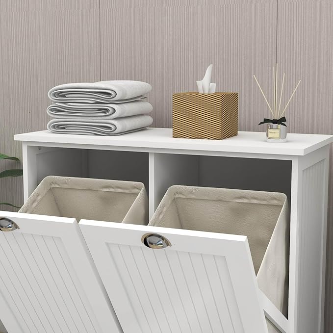 Two-Compartment Tilt-Out Laundry Sorter Cabinet with Removable Bags, E1 MDF Construction, UV Painted Finish, 32.68" L x 31.5" H, 100 Lbs Capacity, White