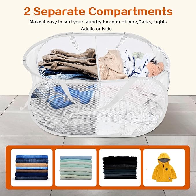 Durable Collapsible Foldable Mesh Pop Up Laundry Basket, 2 Compartments Easy to Carry & Sort Clothes Hampers for Home, Dorm, Travel White