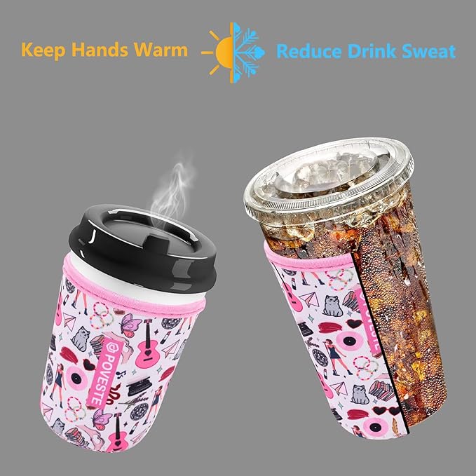 Reusable Neoprene Insulator Sleeve for Iced Coffee & Cold Soda, Coffee Sleeves for Iced & Hot Drinks, Cold Beverage Cooler Compatible with Starbucks, Dunkin (On Tour Pink, Small: 16-18oz)