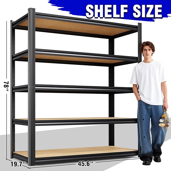 78"H Garage Shelving 2050 lbs Heavy Duty 5-Tier Storage Shelves, 46"W x 20"D Extra Large Metal Shelving Unit, Adjustable Utility Steel Rack for Industrial Warehouse, Shop, Pantry, Basement, Black