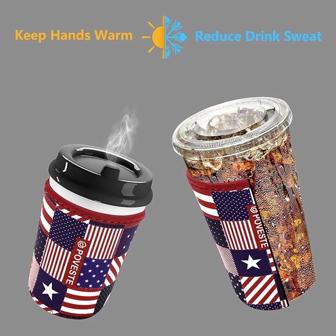 Reusable Neoprene Insulator Sleeve for Iced Coffee & Cold Soda, Coffee Sleeves for Iced & Hot Drinks, Cold Beverage Cooler Compatible with Starbucks, Dunkin (Patriotic Flags, Medium: 22-24oz)