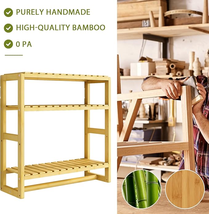 Over The Toilet Storage Bathroom Shelves Wall Mounted 3 Tier Space Saver Corner Shelf Organizer Bamboo Towel Rack Toilet Paper Cabinet with Hanging Rod Yellow