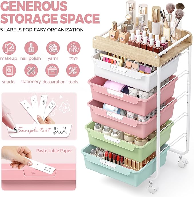 Utility Cart with Drawers,Craft Cart with 5 Drawers,Art Supply Organizer,Rolling Drawer Cart,Craft Storage Cart,Storage Drawer Carts With DIY Lable and Wooden Tabletop Area,Colorful