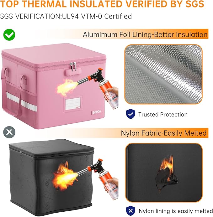 ENGPOW 5200°F File Box Fireproof Document Box with Lock,Heat Insulated Collapsible File Storage Organizer Box with Handle,Portable Home Office File Cabinet for Hanging Letter/Legal Size Folder, Pink
