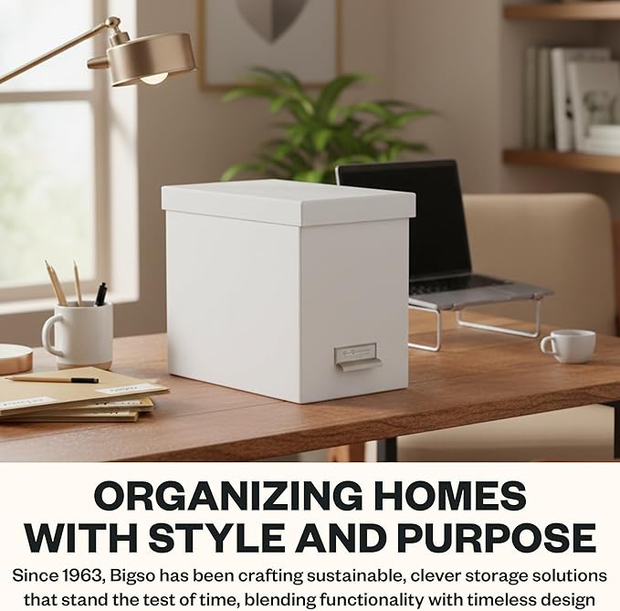 Bigso John Fiberboard Label Frame Desktop File Storage Box - Document Organizer for Important Paperwork - Durable Hanging File Box with a Lid & Metal Label Window - 7.36 x 13.38 x 10.51 in - White