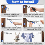 TooTaci 15ft Outdoor Clothesline Kit, 3/16" Black PVC Coated Wire Rope Portable Retractable Clothes Line Kit with Self-Locking Pulley, Screw Hook & Snap Hook for Camping, Backyard, RV, Travel