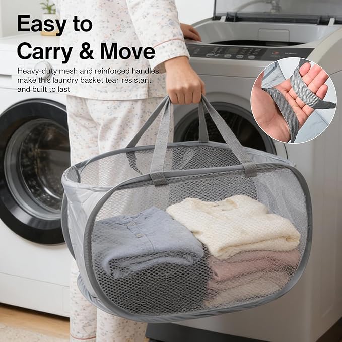 Pop Up Laundry Hamper, Large Collapsible Clothes Basket with Sturdy Handles, Foldable Mesh Storage Bin for Home, Dorm, Travel, Black