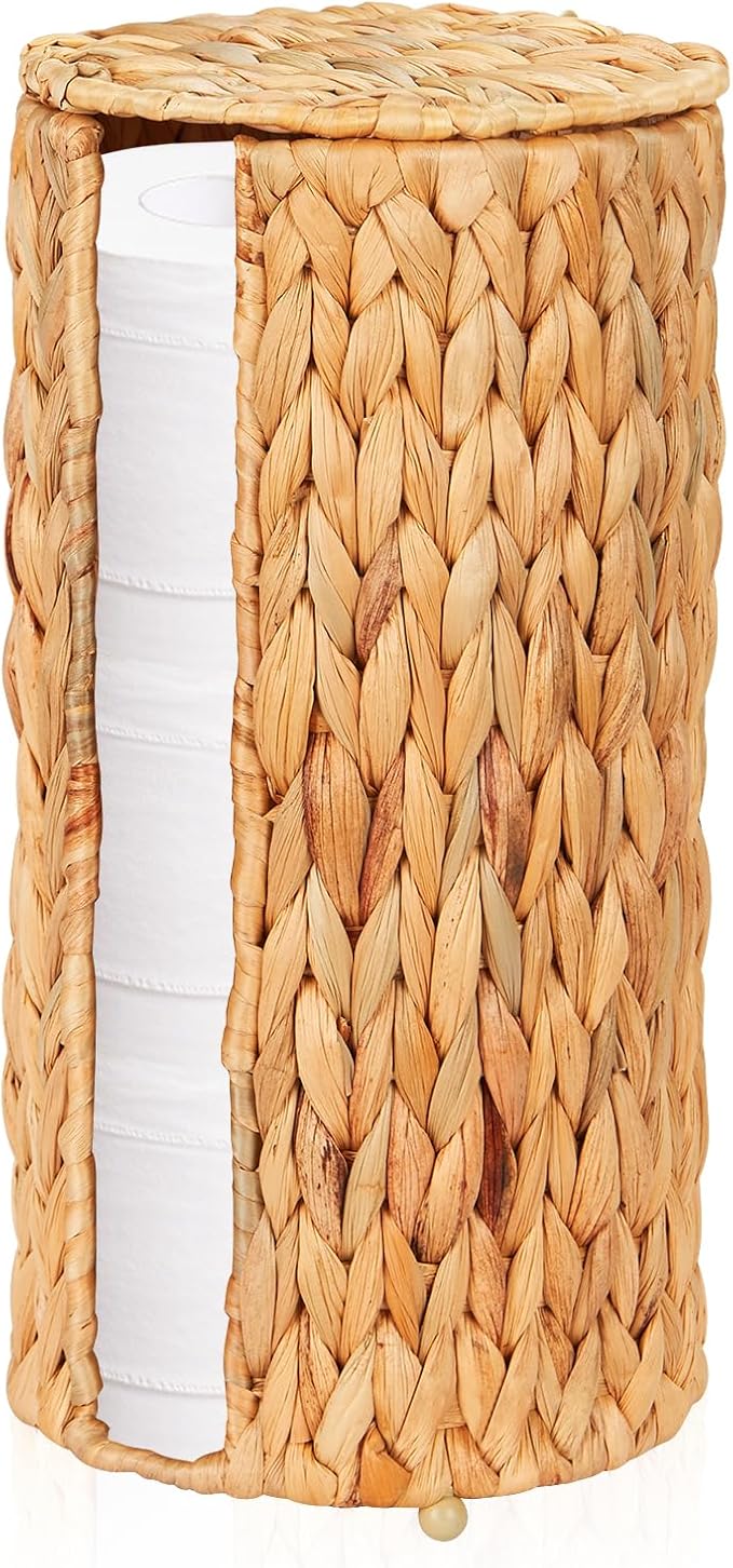 FairyHaus Wicker Toilet Paper Storage Basket with Lid, 3 Rolls Natural Water Hyacinth Toilet Paper Holder with Storage, Handwoven Toilet Paper Holder Stand Basket for Bathroom