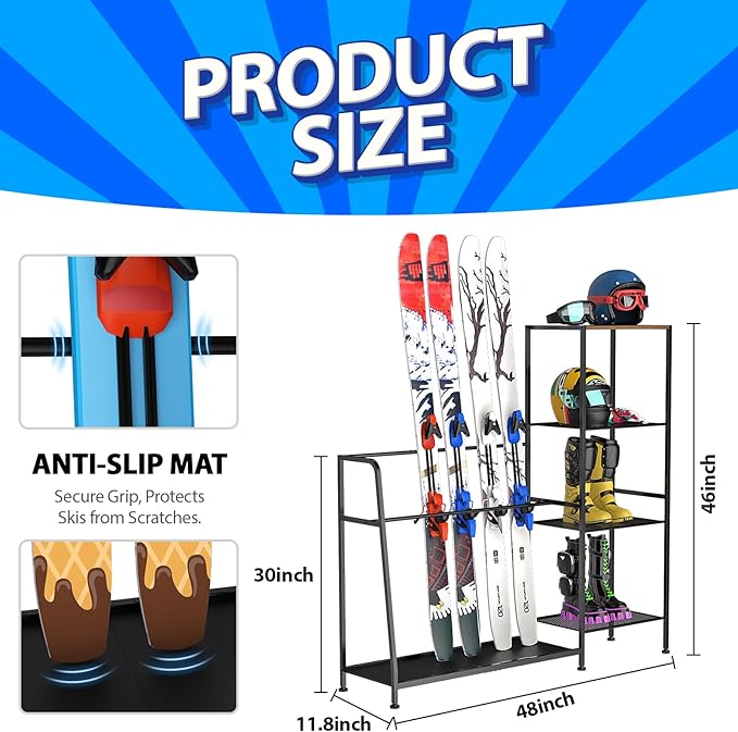Freestanding Snowboard Rack - Ski Holders for 4 Pairs of Skis, 3 Pack Snowboard, Boot, Pole, Goggles, Helmet and More, Heavy Duty Steel Floor Stand Ski Organizer for Garage, Shed, Basement