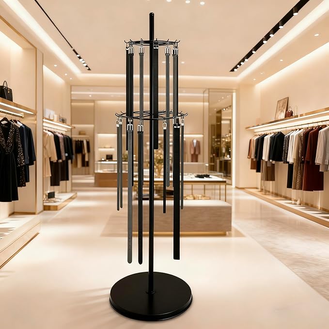360° Rotation Belt Hanger, Black Belt Display Scarf &Ties Rack Stand, Floor Mounted Metal Men Closet Belt Organizer Holder Jewelry Necklaces Purse Hanger Shelf for Clothing Store Retail & Home