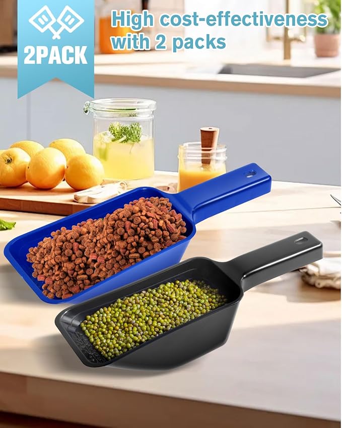 2 Cup Dog Food Scoop(2 Pack), Plastic Pet Food Scoop with Measuring Lines for Accurate Pet Food Portions,Dishwasher Safe (Black and Blue)