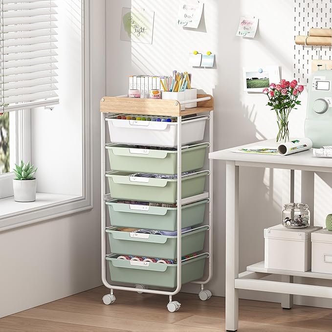 6 Drawer Rolling Cart for Craft Storage,Utility Drawer Organizer with Handle and Wooden Top,Storage on wheels for Office, Classroom,Laundry,Garage,Snack,Art Supply,Green