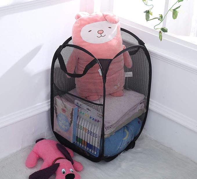 2 Packs Mesh Pop up Laundry Hamper (Black) with Portable Handles, Collapsible for Storage, Foldable Pop-Up Laundry Bags for Home, College Dorm or Travel