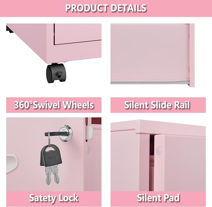 2 Drawer Rolling File Cabinet on Wheels, Mobile Two Drawer Filing Cabinet with Lock, Small Files Cabinets for Under Desk, Metal Filing Cabinets for Letter Size Folders, Pink - Assembly Required