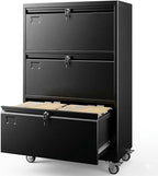 Aobabo 3 Drawer Lateral File Cabinet with Wheels, Lockable Metal Filing Cabinet for Home Office, Legal/Letter Size,Black,Required Assembled,15.87" D x 28.94" W x47.63 H