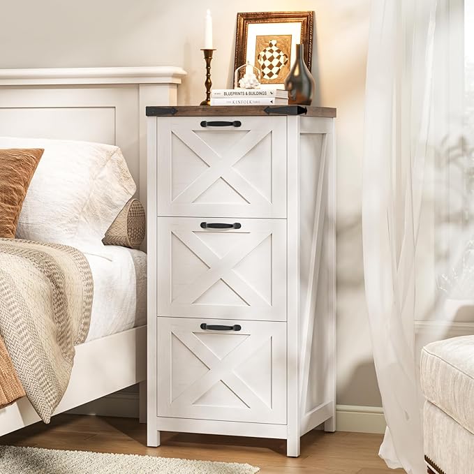 3 Drawer Tall File Cabinet, Farmhouse Vertical Filing Cabinet Fits Letter/A4 Size, Wood File Cabinets Printer Stand for Home Office, Living Room, Rustic White