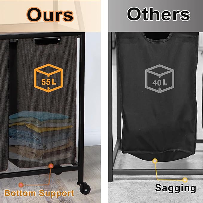 Laundry Hamper, Laundry Sorter 2 Section, Rolling Laundry Basket with Wheels, 2 Drawers, 2 × 14.5 Gal (55 L), Pull-Out and Removable Oxford Fabric Bags, Black and Rustic Brown