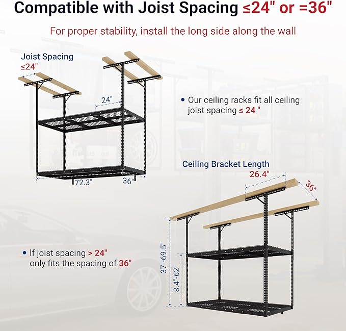 FLEXIMOUNTS 3x6 2-Tier Overhead Garage Storage Rack – Adjustable Heavy Duty Metal Garage Ceiling Storage Racks, 880 lbs Capacity – Garages Organization System for 9–15 ft Tall Garages, Black