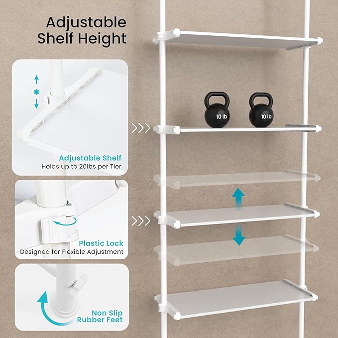 Home Zone Living Over-the-Toilet Organizer with Adjustable 4-Tier Shelves, Tension-Mounted Bathroom Storage Rack for Ceilings 91" to 114" High, White