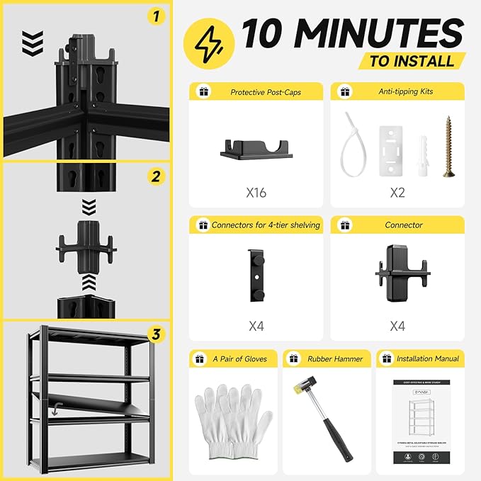 4-Tier 40" W x 20" D x 60" H Garage Shelving Garage Storage Shelves 2500LBS Metal Industrial Shelf Adjustable Heavy Duty Shelving Storage Rack Shelving Unit (Black)