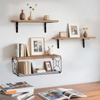 Bathroom Shelves Over Toilet Set of 3, 15.8 inch Floating Shelf with Storage Basket, Floating Shelves for Wall, Wood Wall Mounted Shelf for Bathroom Living Room Bedroom Kitchen, Rustic Brown