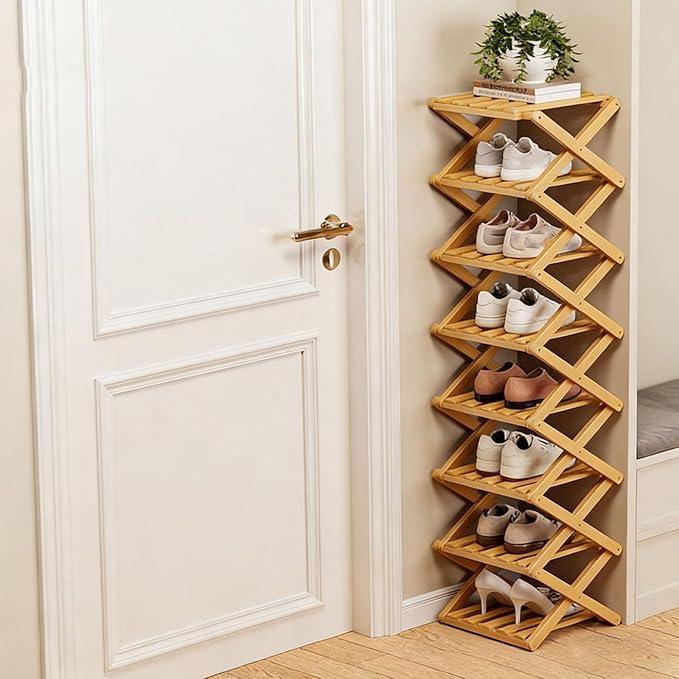 The 9-Tier No-Assembly Bamboo Rack, 2-9 Tier Folding Shoe Storage Rack, Space-Saving Organizer for Shoes, No Assembly Narrow Shoe Shelf for Entryway Closet Dorm (Natural, 8 Tier)