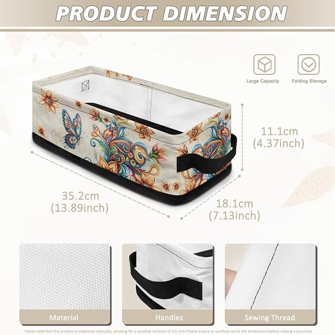 Rectangular Storage Bin Toilet Paper Towels Storage Organizer Bathroom Accessories Multipurpose Storage Caddy for Home Office Bedroom Decor, Boho Butterfly Flower