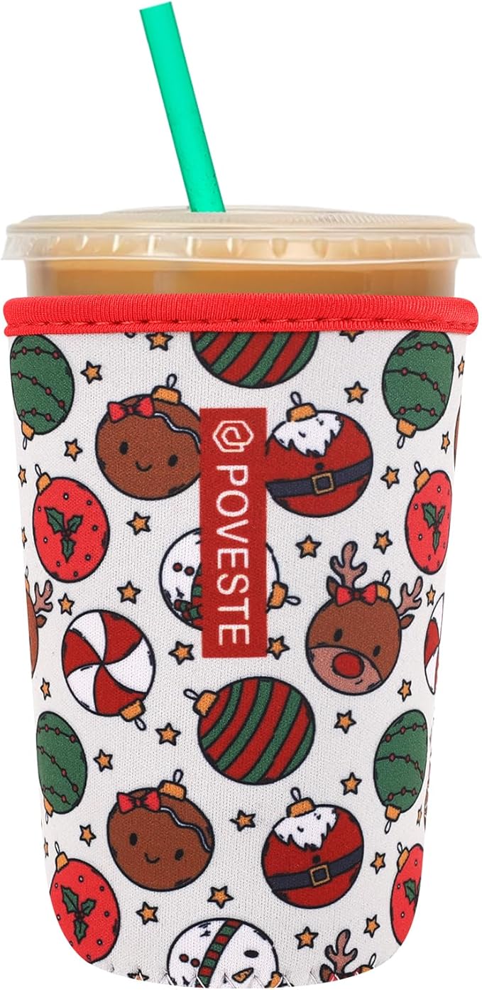 Reusable Neoprene Insulator Sleeve for Iced Coffee & Cold Soda, Coffee Sleeves for Iced & Hot Drinks, Cold Beverage Cooler Compatible with Starbucks, Dunkin (Chrsitmas Party, Medium: 22-24oz)