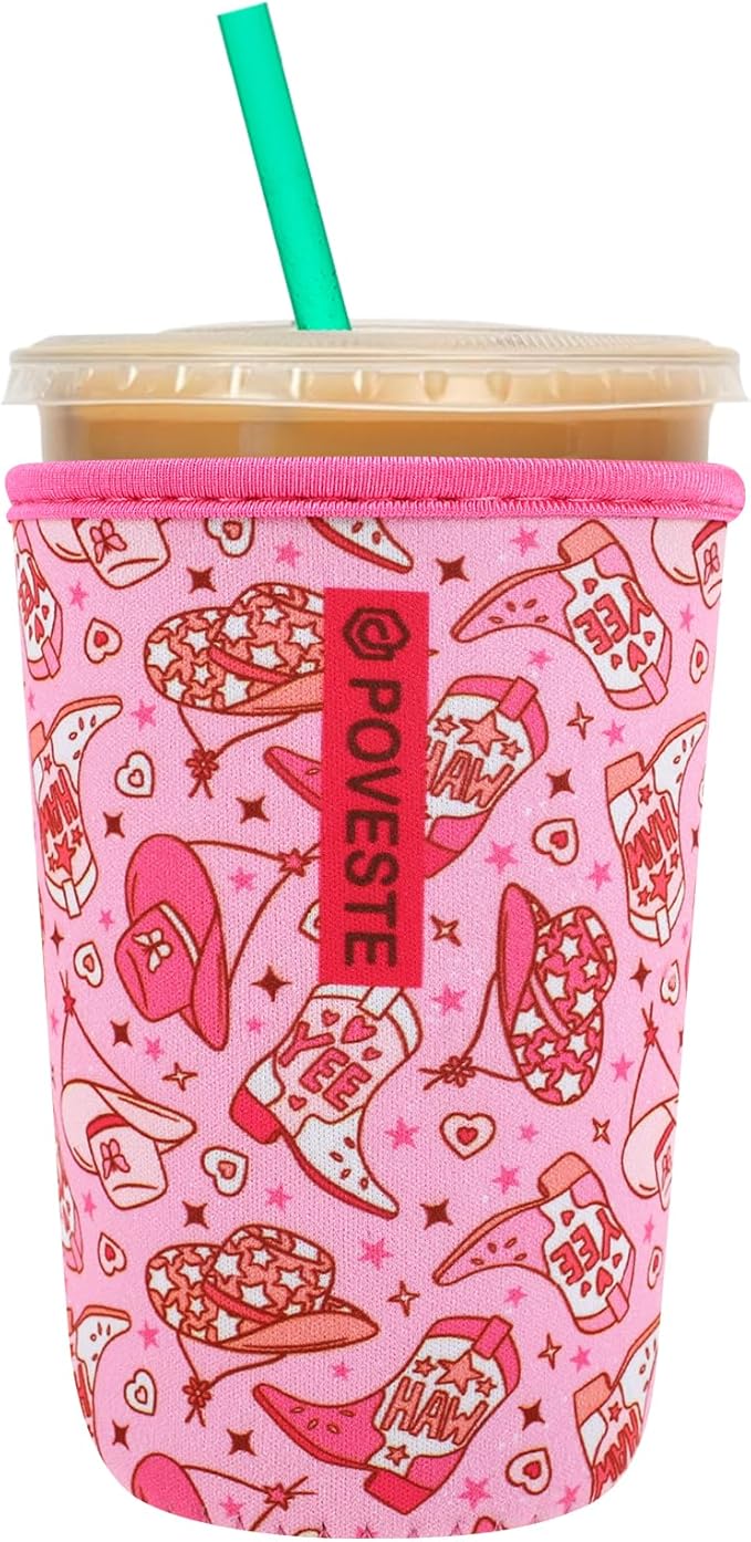Reusable Neoprene Insulator Sleeve for Iced Coffee & Cold Soda, Coffee Sleeves for Iced & Hot Drinks, Cold Beverage Cooler Compatible with Starbucks, Dunkin (Cowgirl Spirits, Medium: 22-24oz)