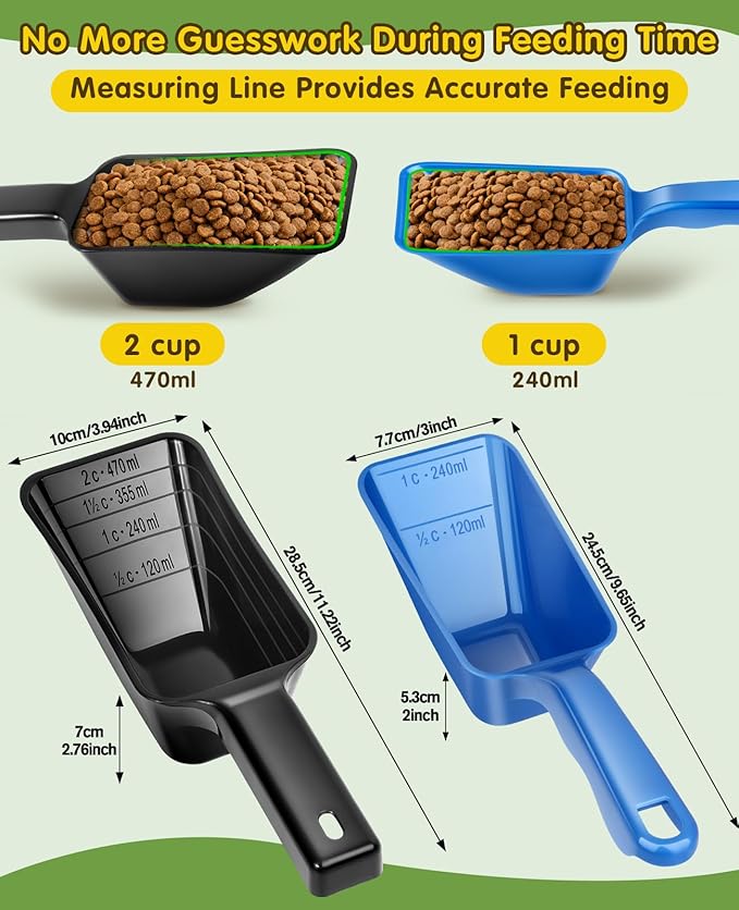 2 Pack Dog Food Scoop with 1 Cup and 2 Cup Capacity, Plastic Pet Food Measuring Scoops with Clear Measurement Lines for Dogs, Cats & More,Dishwasher safe (Blue and Black)