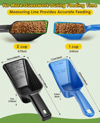 2 Pack Dog Food Scoop with 1 Cup and 2 Cup Capacity, Plastic Pet Food Measuring Scoops with Clear Measurement Lines for Dogs, Cats & More,Dishwasher safe (Blue and Black)
