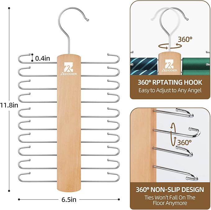 ZEDODIER 2 Pack Wooden Tie Rack, Tie Hanger for Men Closet, 40 Storage Capacity, Non-Slip Rotatable Tie Organizer, Hanging Space Saving Holder, Natural