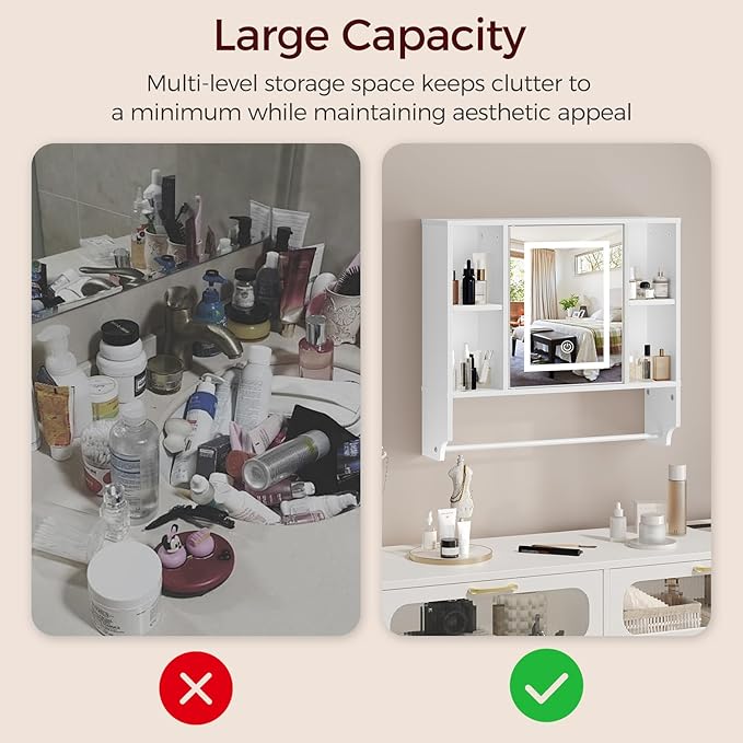 Bathroom Wall Cabinet with Mirror, Wall Mounted Medicine Cabinet with Color Adjustment LED Lights, Mirrored Over The Toilet Storage Cabinet with Adjustable Shelves, 23.6''W x 21.6''H, White