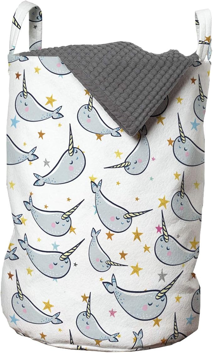 Ambesonne Narwhal Laundry Bag, Unicorn of The Oceans Pattern in Cartoon Style Composition Colorful Design, Hamper Basket with Handles Drawstring Closure for Laundromats, 13" x 19", Grey Gold
