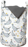 Ambesonne Narwhal Laundry Bag, Unicorn of The Oceans Pattern in Cartoon Style Composition Colorful Design, Hamper Basket with Handles Drawstring Closure for Laundromats, 13" x 19", Grey Gold