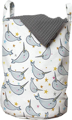 Ambesonne Narwhal Laundry Bag, Unicorn of The Oceans Pattern in Cartoon Style Composition Colorful Design, Hamper Basket with Handles Drawstring Closure for Laundromats, 13" x 19", Grey Gold