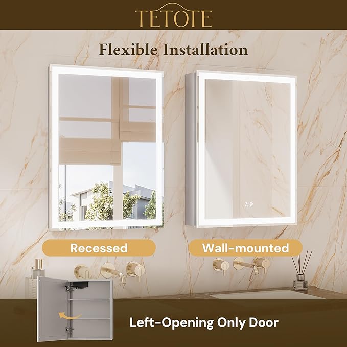 TETOTE 30 x 26 LED Lighted Medicine Cabinet with Mirror with Adjustable Shelves, Silver Aluminum Cabinet, Anti-Fog Stepless Dimmable 3 Colors White/Warm/Natural, Easy to Install(Wall Mount/Recessed)