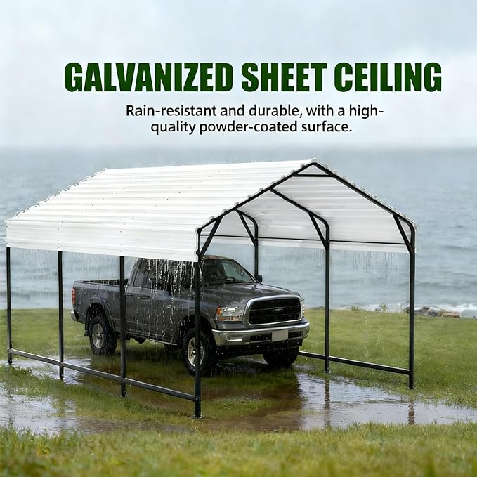 Metal Carport Heavy Duty 10x15ft Outdoor Galvanized Steel Car Port, Vehicle Canopy Garage Shade, Multi-Use Shelter for Car, Boat, Tractors & Outdoor Storage