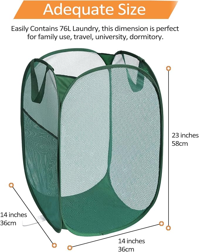 2 Pack Durable Collapsible Laundry Baskets - Reinforced Mesh Pop Up Laundry Hamper with Pocket, Foldable Dirty Clothes Hamper with Carry Handles for Laundry, Bathroom, Kids Room, Dorm or Travel Green