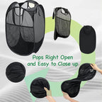 AQQA 9 Pcs Mesh Popup Laundry Hamper Set, Black/White/Blue, Durable Handles, Foldable, Sturdy Mesh Construction, Ideal for Kids, Teens, Adults, College Dorm, Camping, Hotel, Travel (Pack of 2)