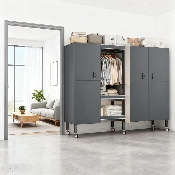 Heavy Duty Portable Closet with Cover Magnetic Doors, Metal Rolling Clothes Rack Heavy Duty 1500LBS, Foldable Clothing Rack, Garment Racks for Bedroom/LivingRoom/Rental (KT Grey, 66.14in)