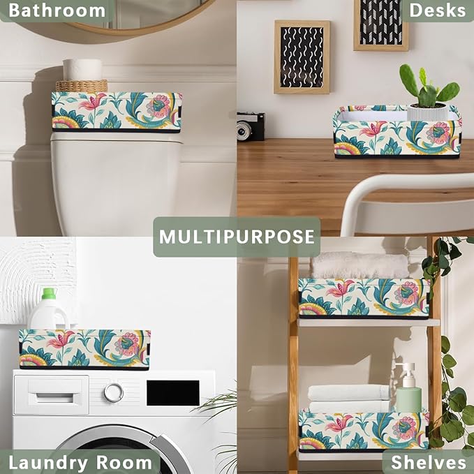 Toilet Tank Topper Paper Basket with Handle, Vintage floral Bathroom Storage Basket for Organizing, Small Fabric Storage Bins for Bathroom Decor