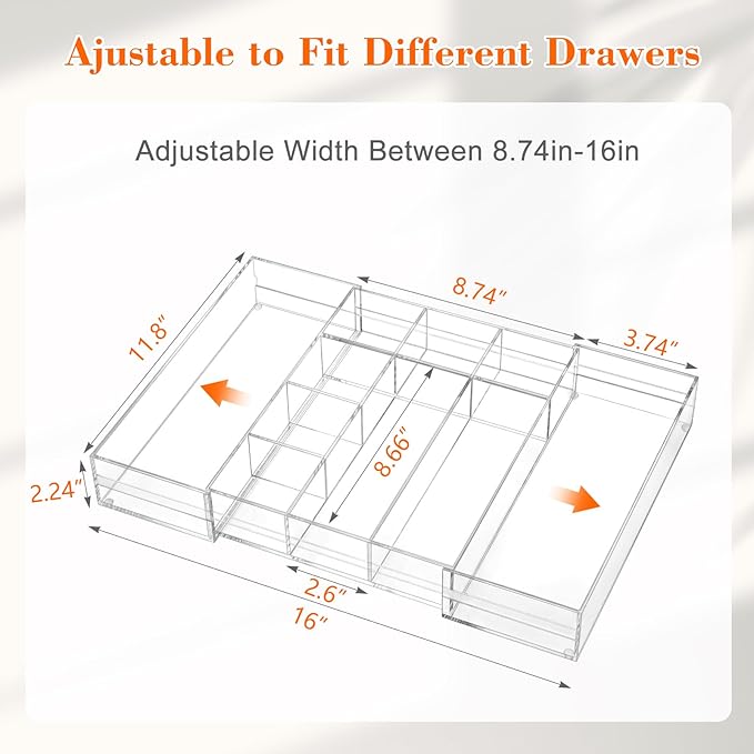 1 Pcs Acrylic Desk Drawer Organizer 9'' up to 16'' x 12'' x 2.2'' Expandable Drawer Organizer Trays with 10 Adjustable Compartments Clear Desk Accessories for Makeup Office Bathroom