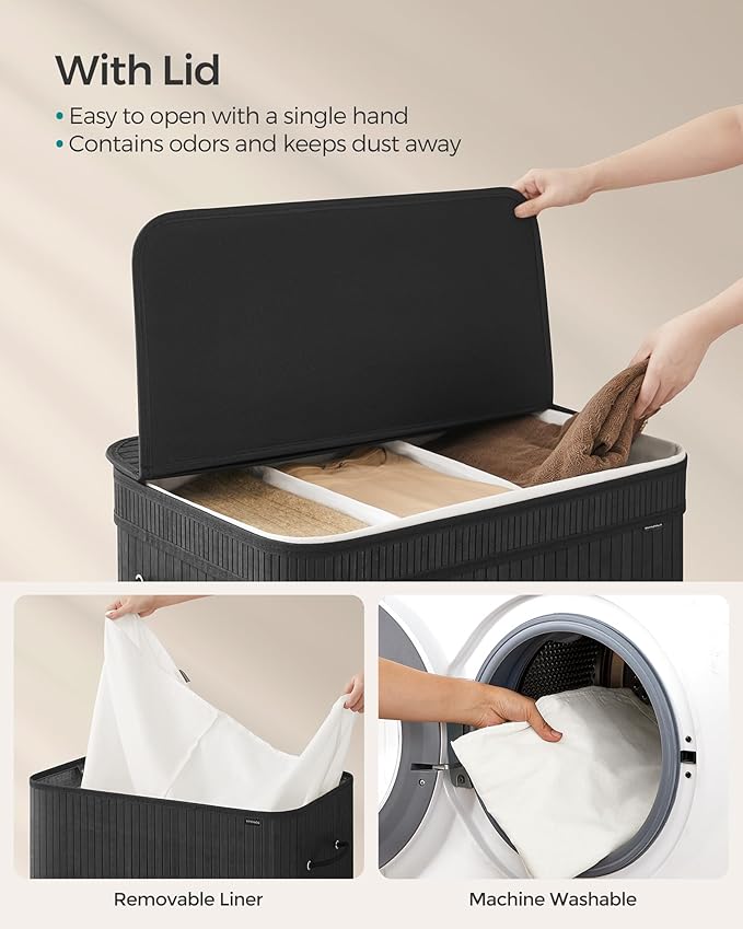 SONGMICS Laundry Hamper with Lid, Bamboo Laundry Basket, Removable Machine Washable Laundry Basket, with Handles, 39.6-Gallons, for Laundry Room, Bedroom, Bathroom, Ink Black ULCB062B01