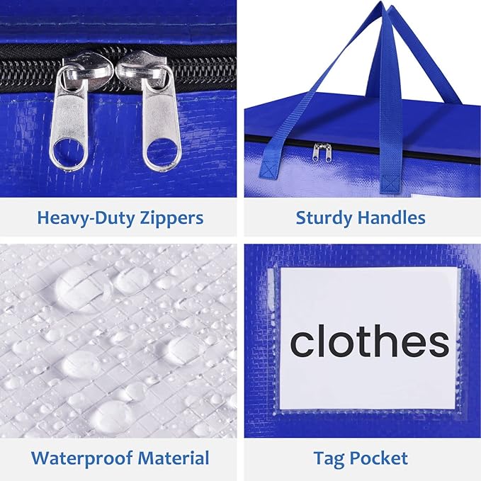 Moving Bags, Storage Bags with Sturdy Handles and Heavy Duty Zippers, Storage Totes for Space Saving, Moving & Storage, Collapsible Moving Supplies(88L, 8-Pack, Blue)