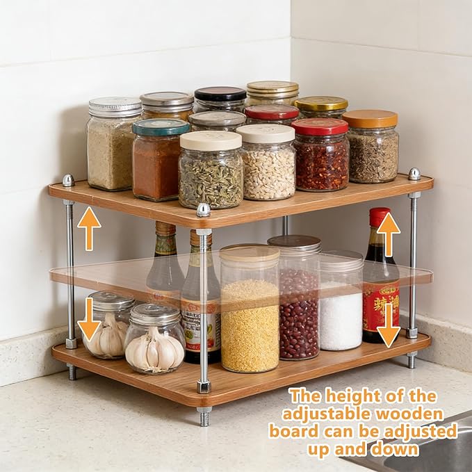 2-Tier Bathroom Counter Organizer Wooden Bathroom Shelf for Makeup Skincare Perfume and Spices Countertop Organizer Shelf for Corner Vanity Coffee Station Kitchen Office and Home Decor