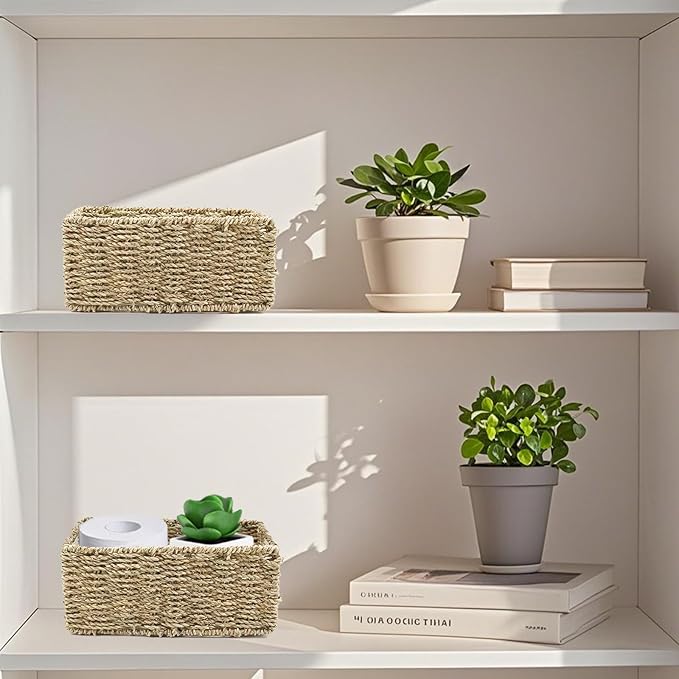 YRMT Small Seagrass Storage Basket Toilet Paper Baskets with Built-in Handles Bathroom Organizer Narrow Baskets for Organizing Toilet Tank 2 Pack (Seagrass)